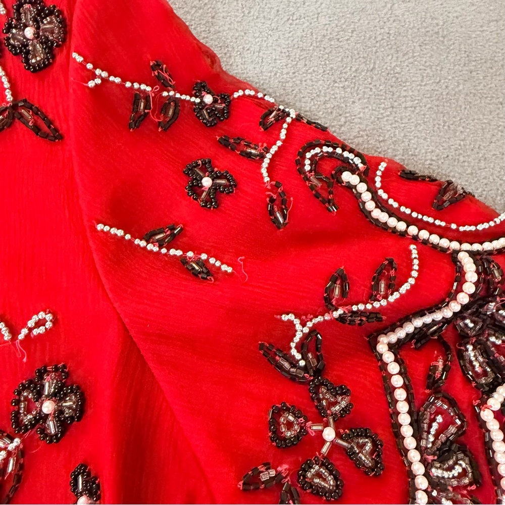 Stenay Vintage Women's Red Silk Black & White Beaded Formal Top- Size XL - Picture 4 of 12